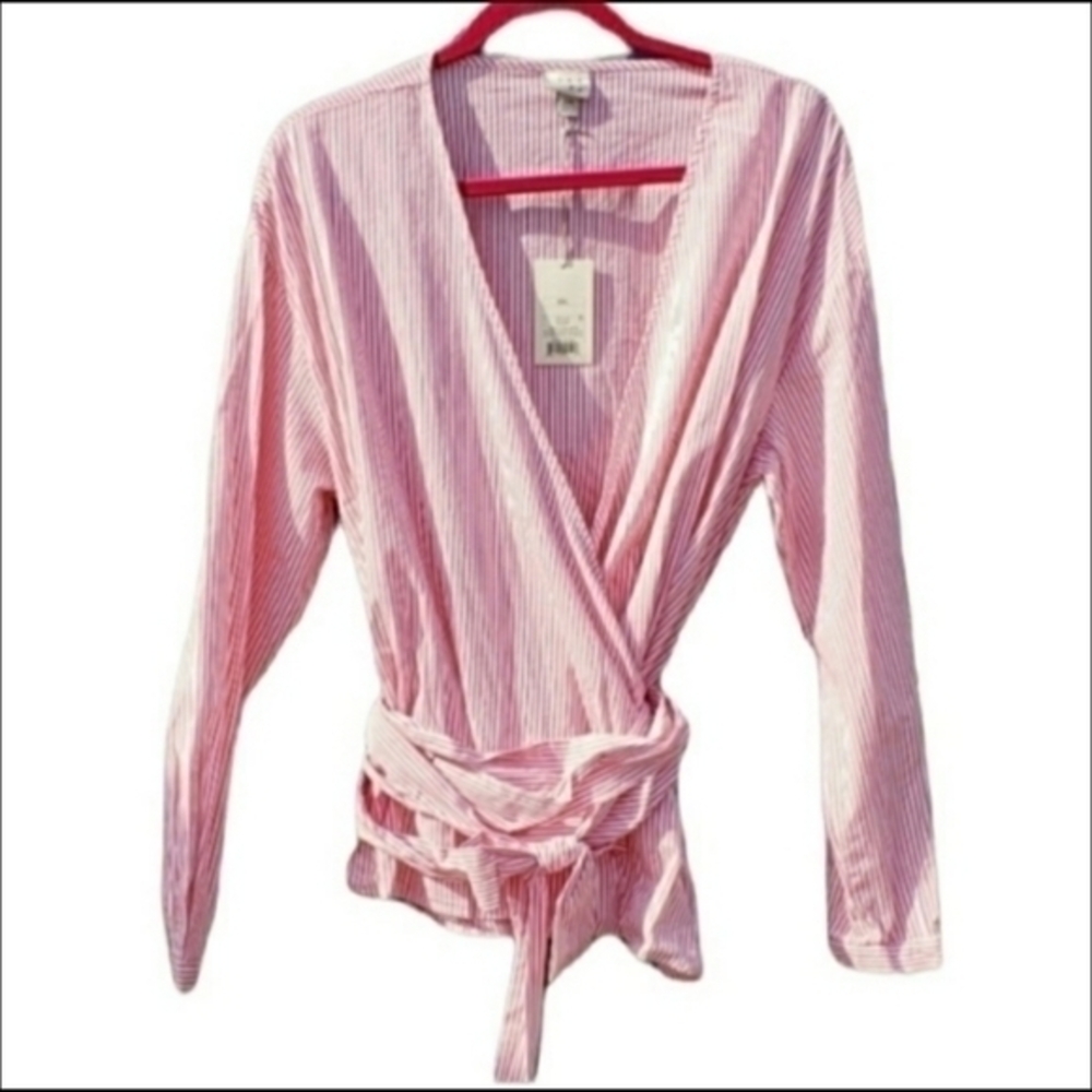 a‎ new day Plus Size Pink White Striped Cotton Wrap Women's Shirt Top XXL NWT